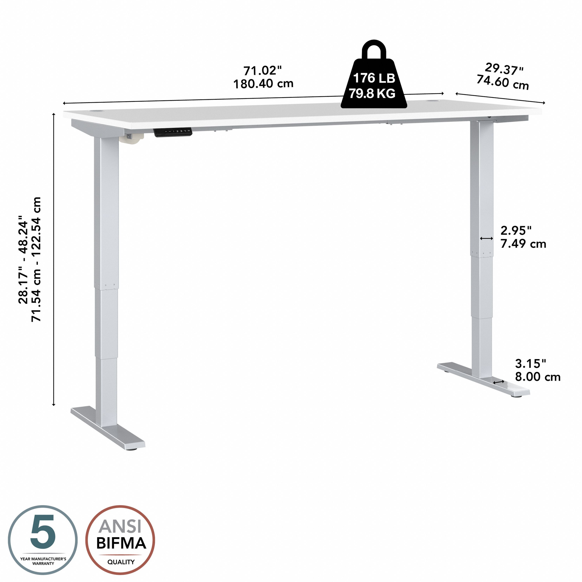 72" Standing Office Desk in White with Metallic Base