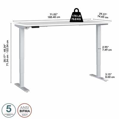 72" Standing Office Desk in White with Metallic Base