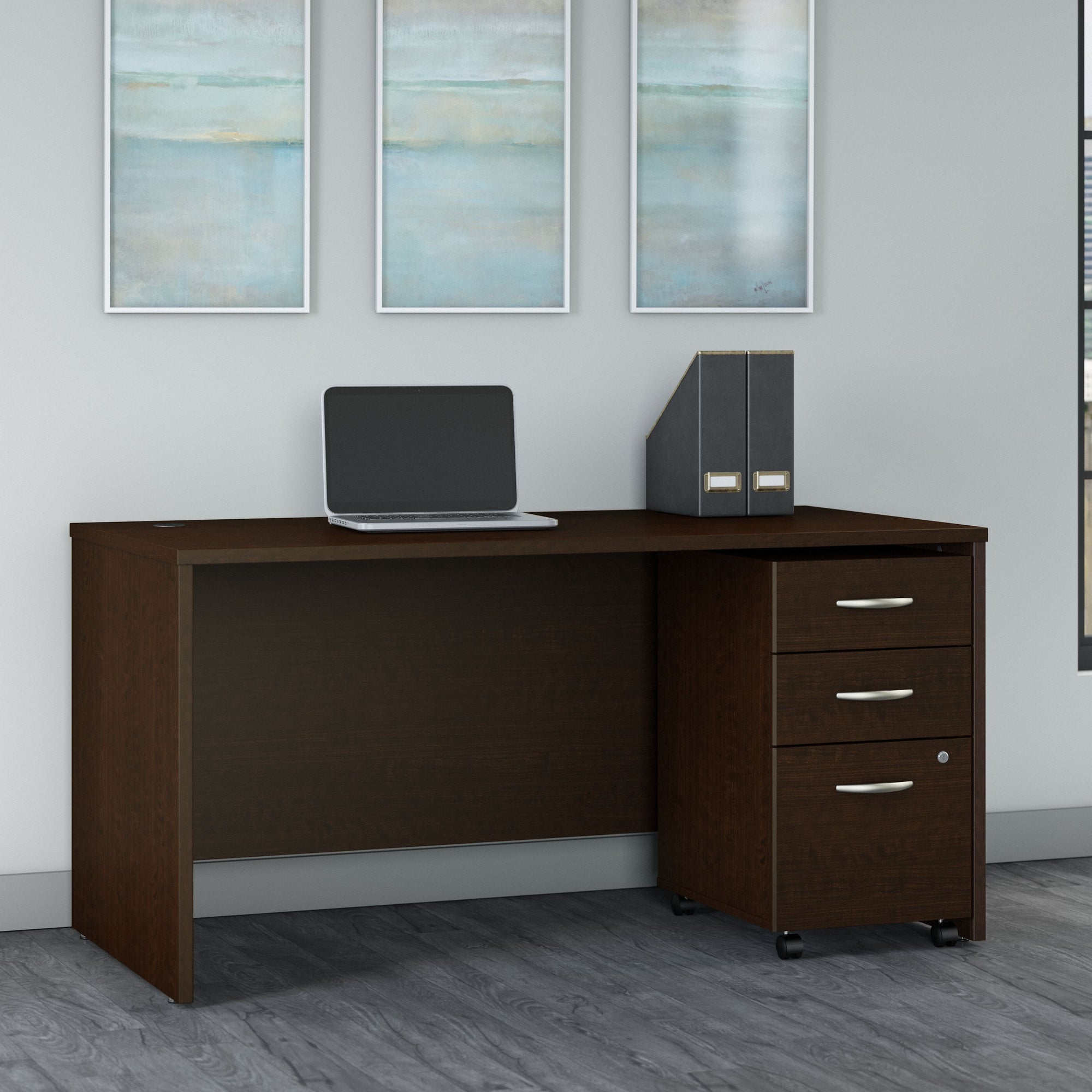 Mocha Cherry 60" Premium Office Desk with 3-Drawer Mobile Pedestal