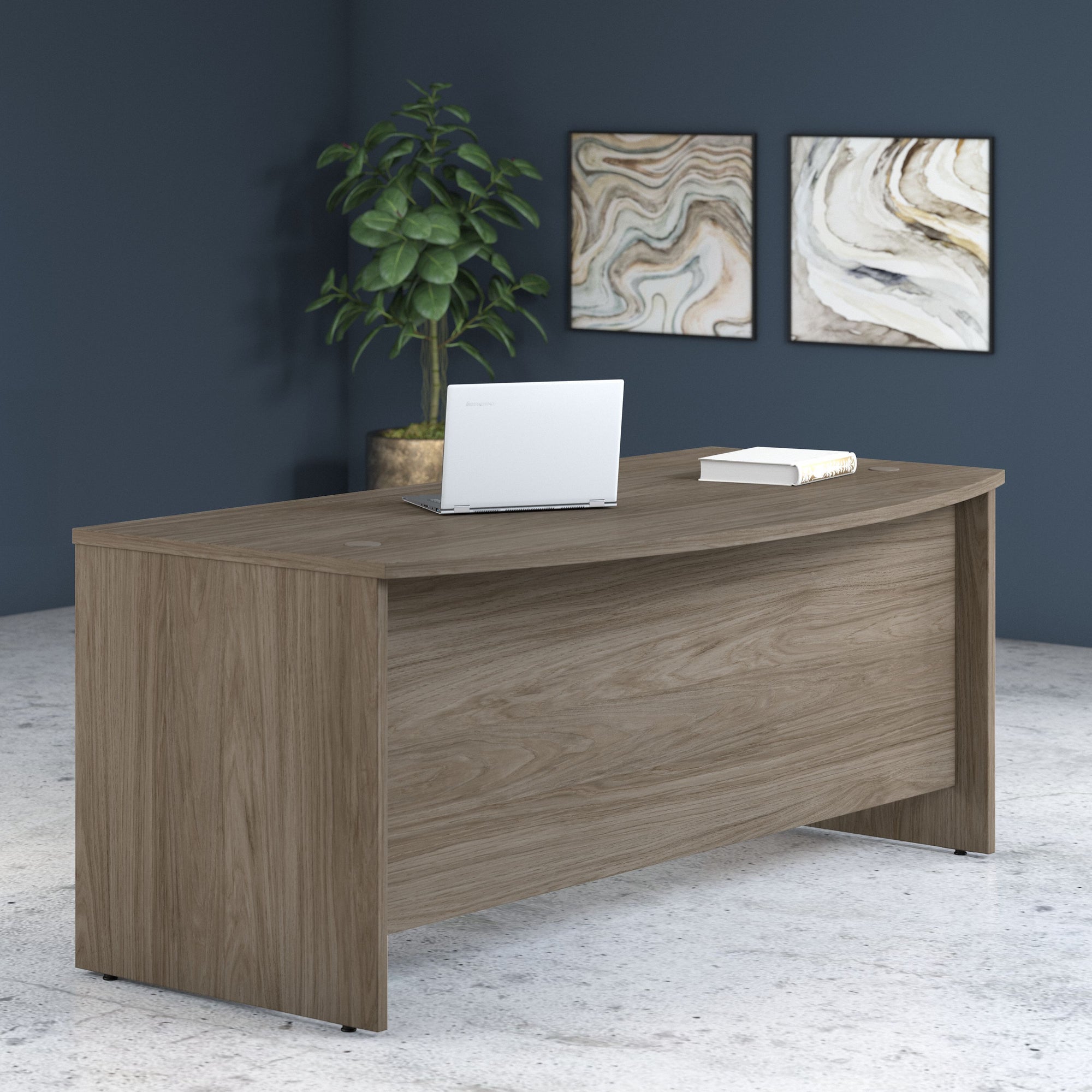 72" Bow-Front Office Desk with Privacy Panel in Modern Hickory