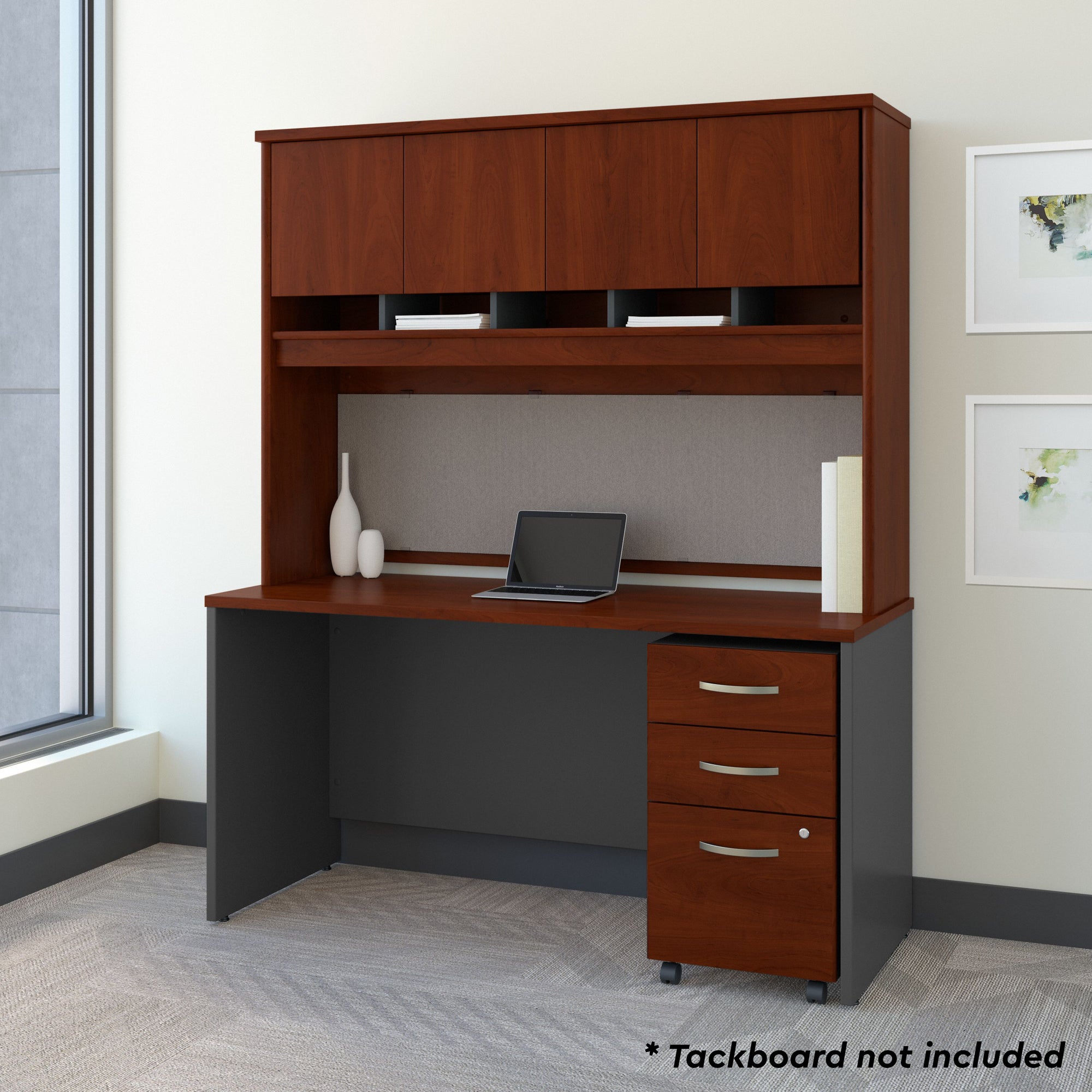 60" Modern Office Desk with Hutch and Mobile File Cabinet in Hansen Cherry