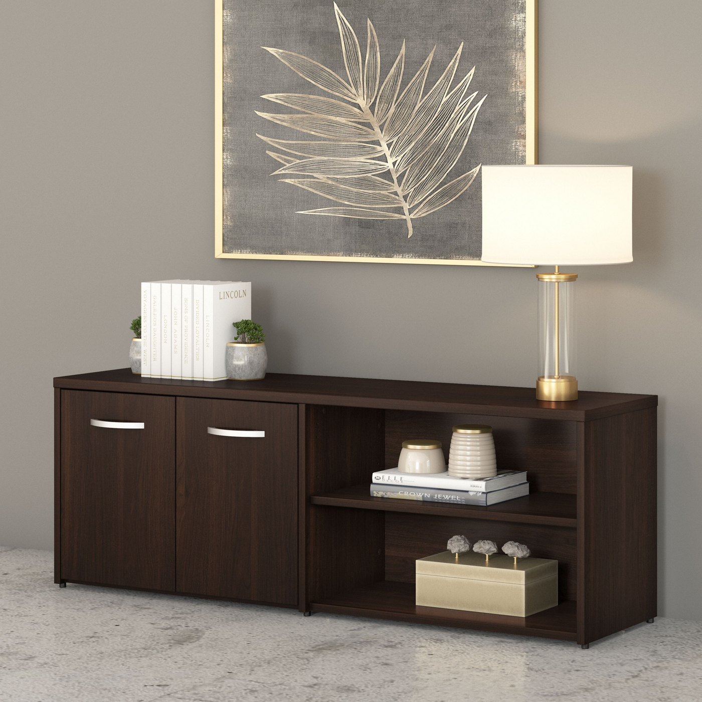 60" Low Modern Credenza with Doors and Shelves in Black Walnut
