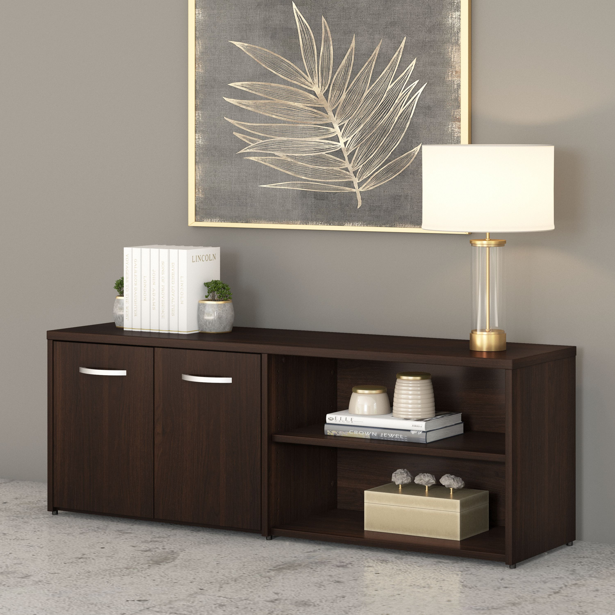 60" Low Modern Credenza with Doors and Shelves in Black Walnut