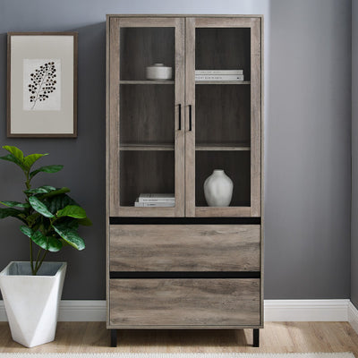 68" Classic Glass Door Bookcase in Gray Woodgrain