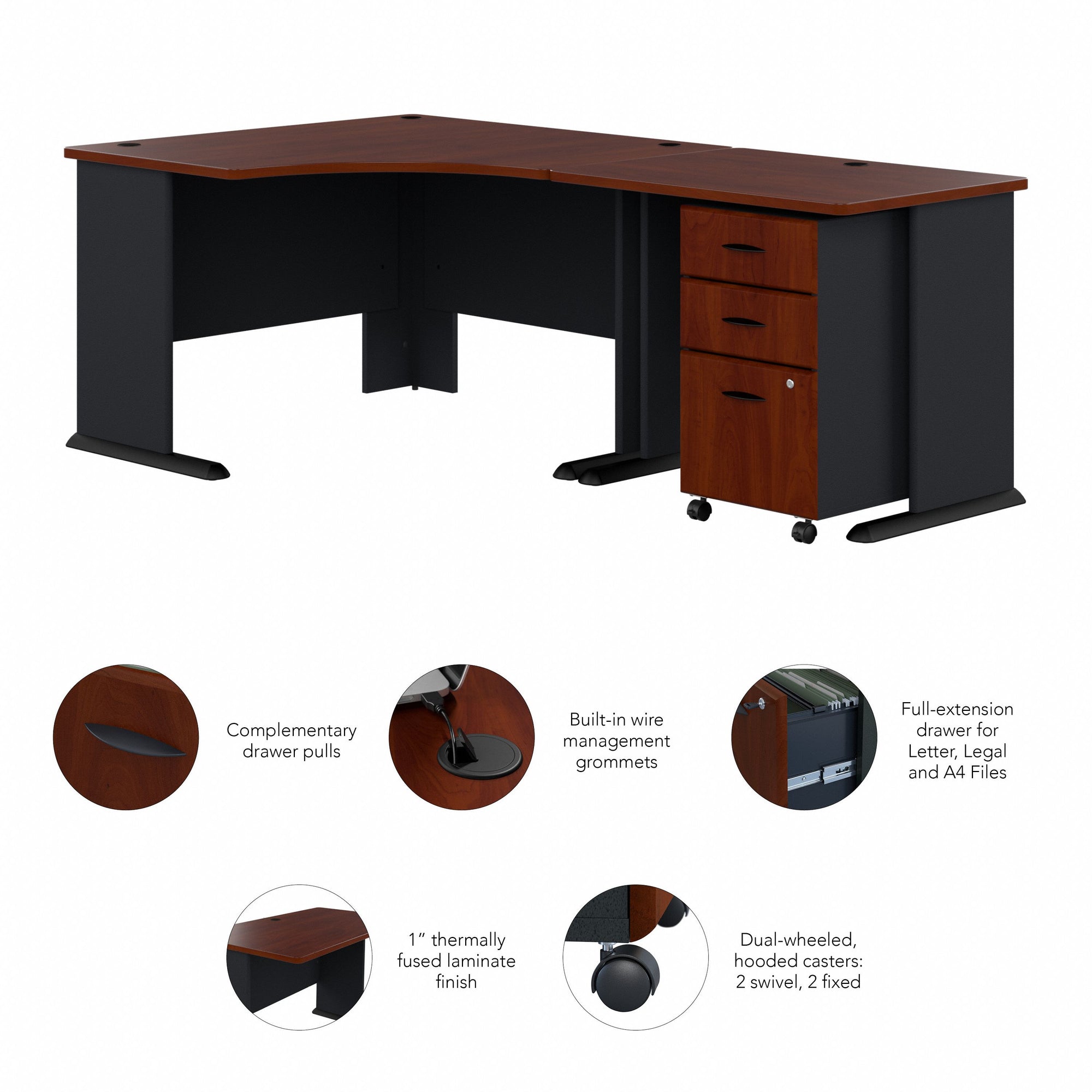 48" Corner Office Desk with Return and Mobile Pedestal in Hansen Cherry