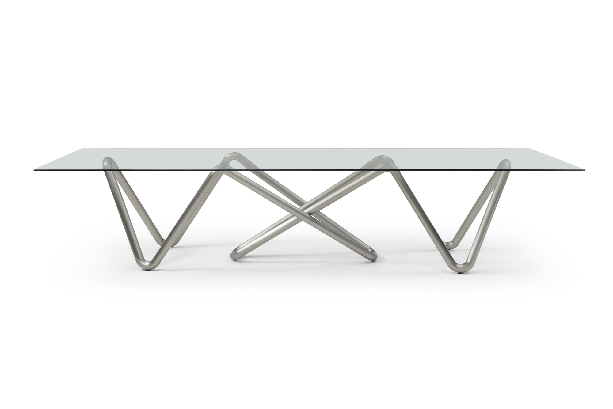 142" Uber Modern Glass Conference Table with Unique Base in Brushed Nickel
