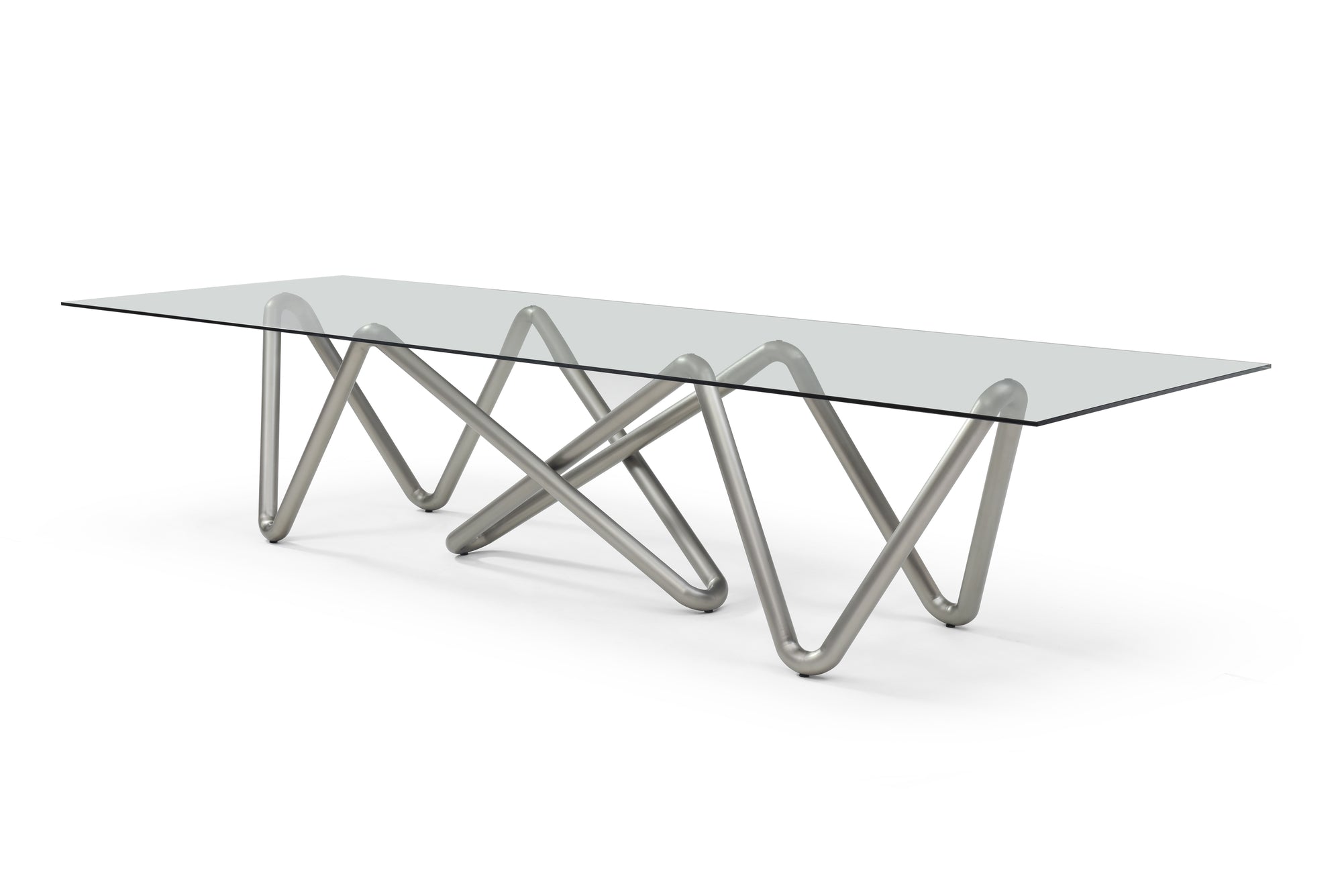 142" Uber Modern Glass Conference Table with Unique Base in Brushed Nickel