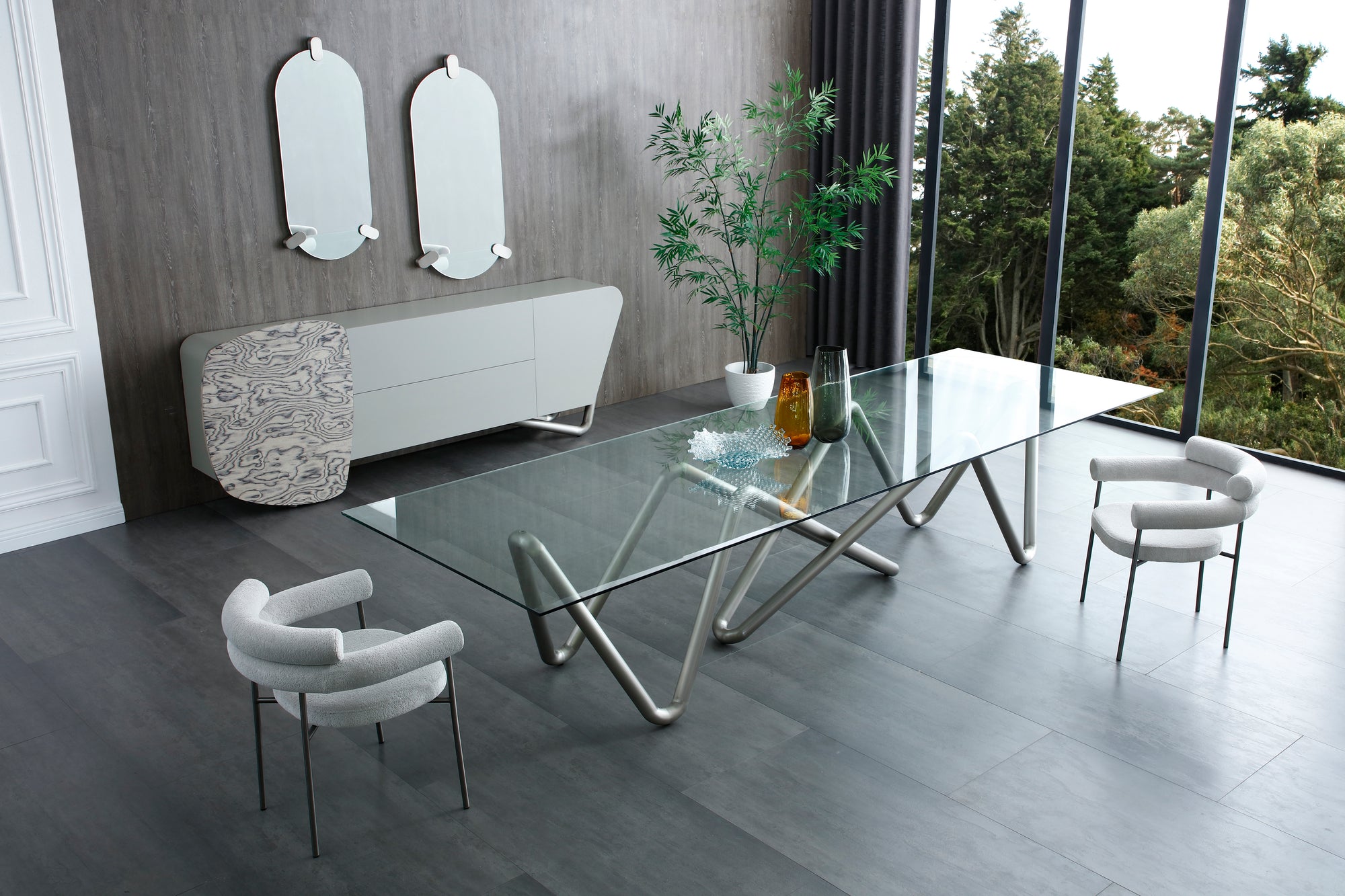 142" Uber Modern Glass Conference Table with Unique Base in Brushed Nickel