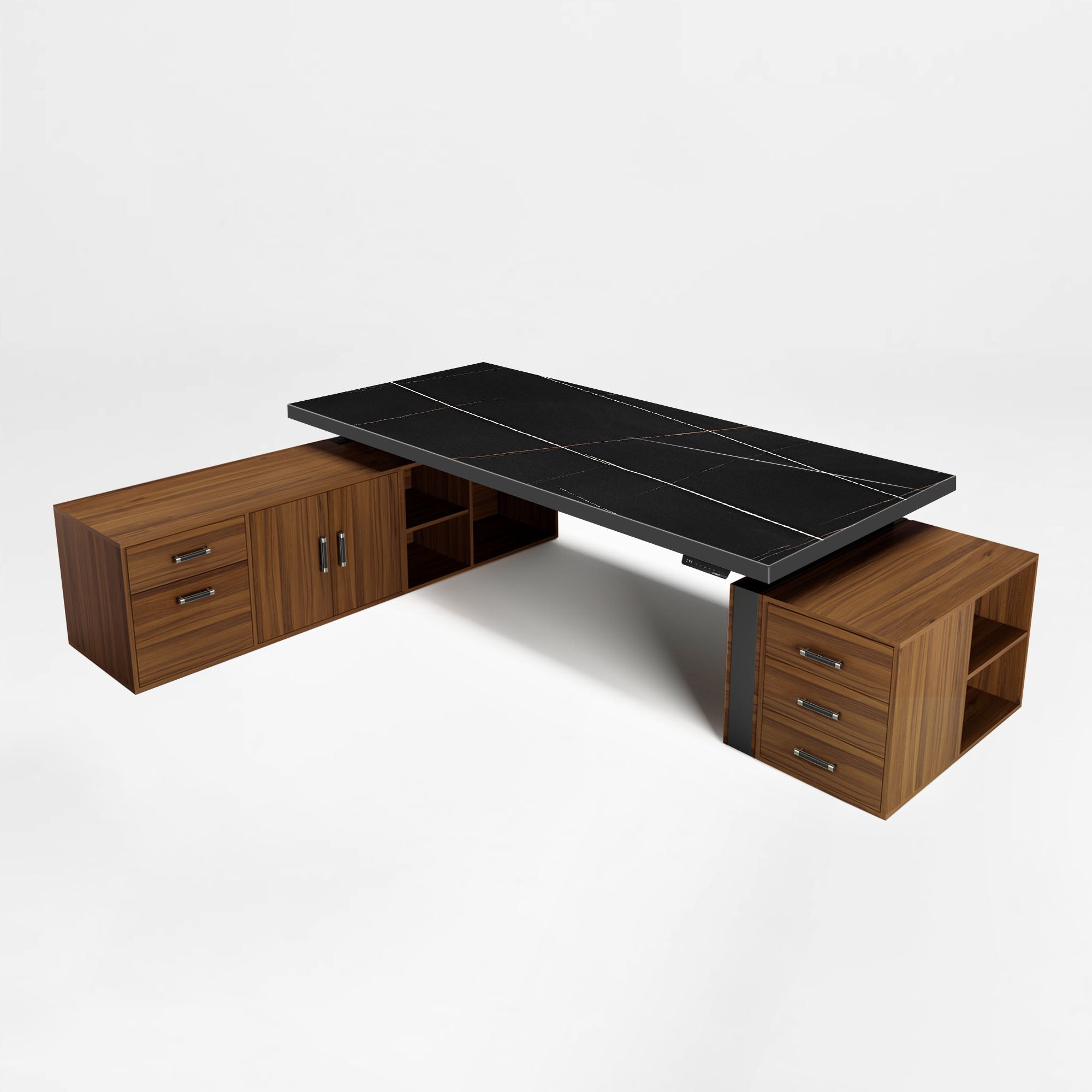 87-inch executive standing desk with black sintered stone top and wood storage cabinets