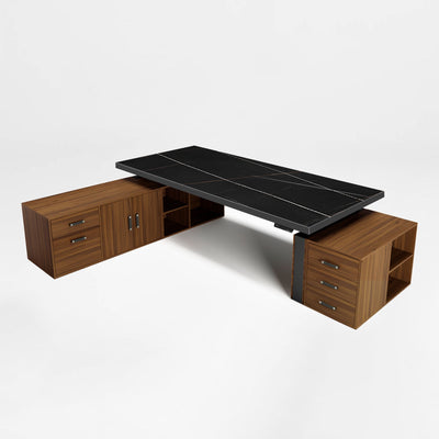 87-inch executive standing desk with black sintered stone top and wood storage cabinets