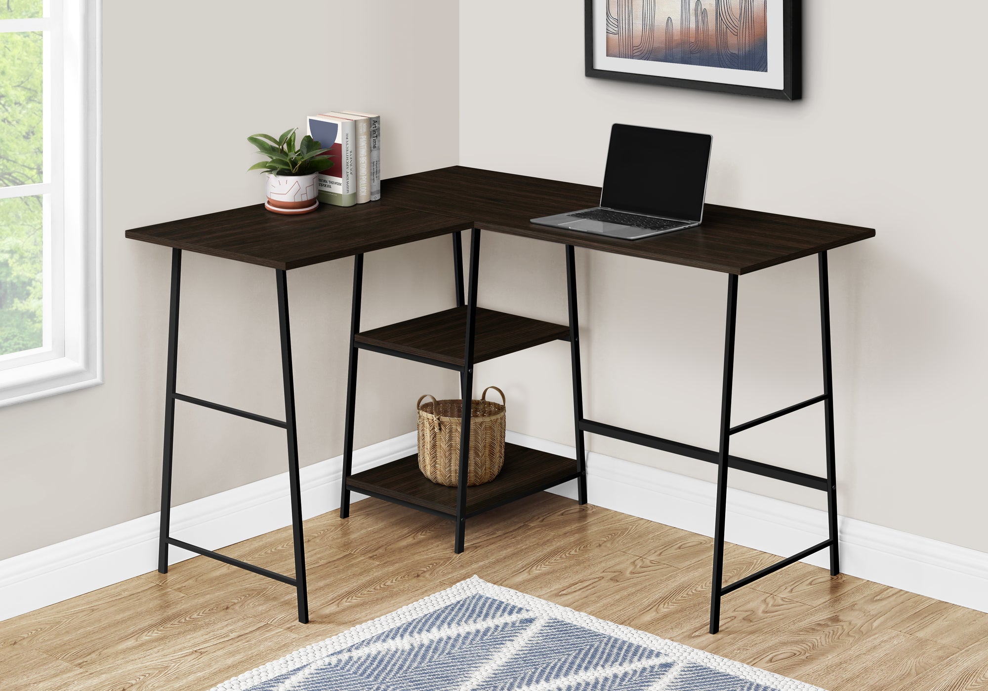 47" Industrial-Style L-Shaped Writing Desk with Open Shelves