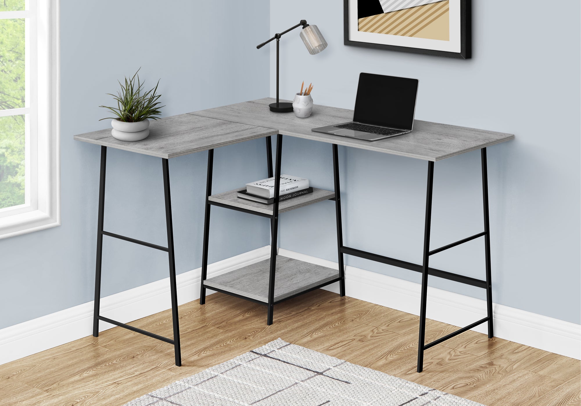 47" Grey Industrial-Style L-Shaped Writing Desk with Open Shelves
