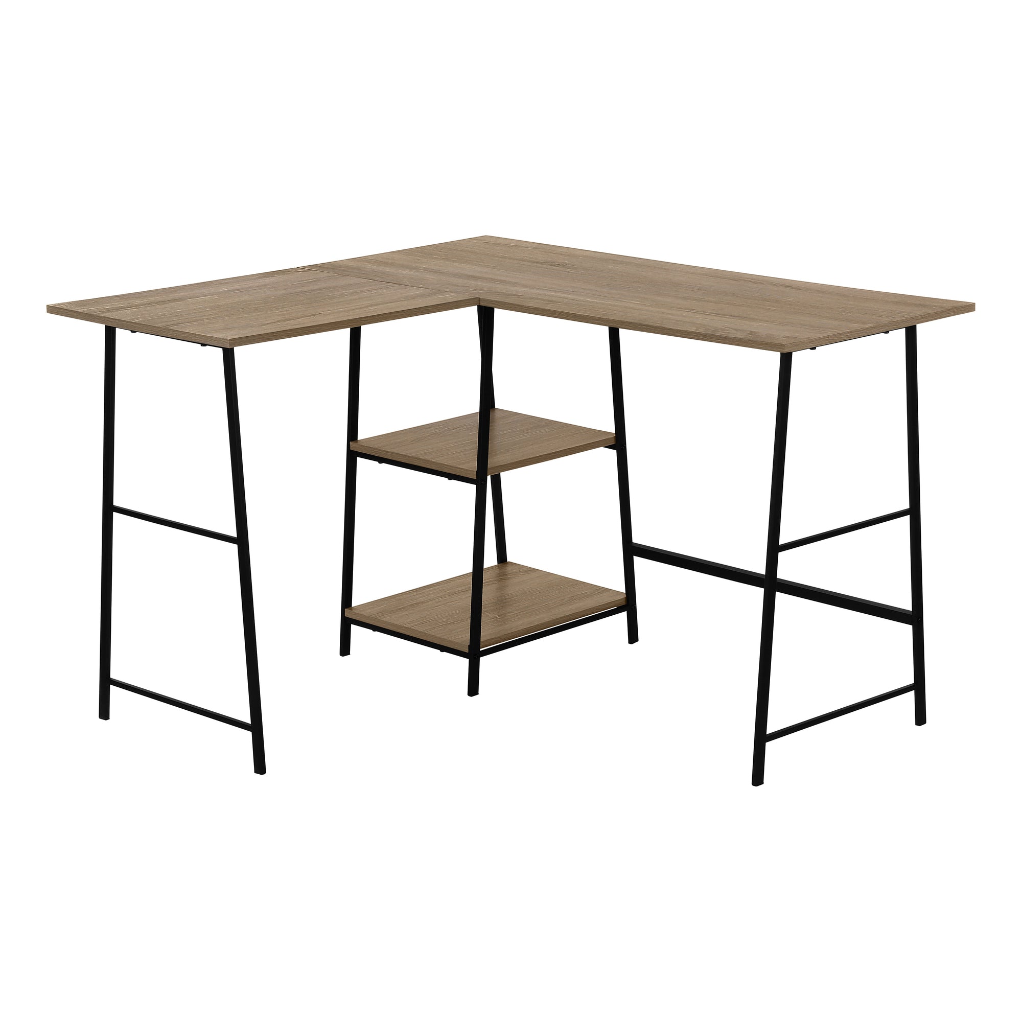 Dark Taupe Industrial-Style L-Shaped Writing Desk with Open Shelves