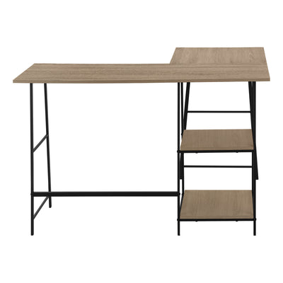 Dark Taupe Industrial-Style L-Shaped Writing Desk with Open Shelves