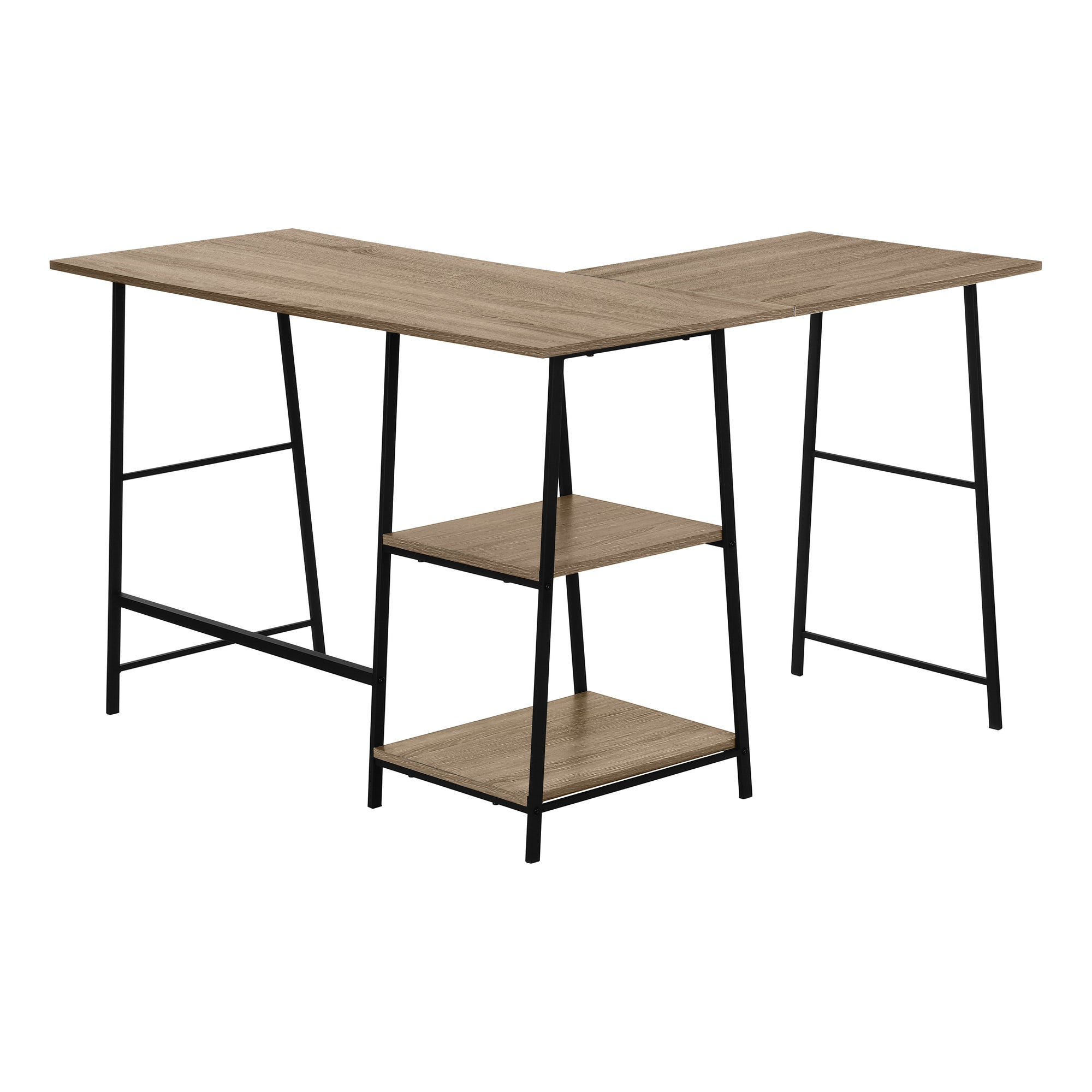 Dark Taupe Industrial-Style L-Shaped Writing Desk with Open Shelves