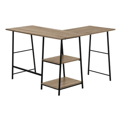 Dark Taupe Industrial-Style L-Shaped Writing Desk with Open Shelves