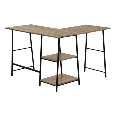 Dark Taupe Industrial-Style L-Shaped Writing Desk with Open Shelves