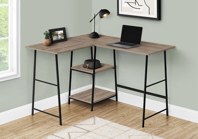 Dark Taupe Industrial-Style L-Shaped Writing Desk with Open Shelves