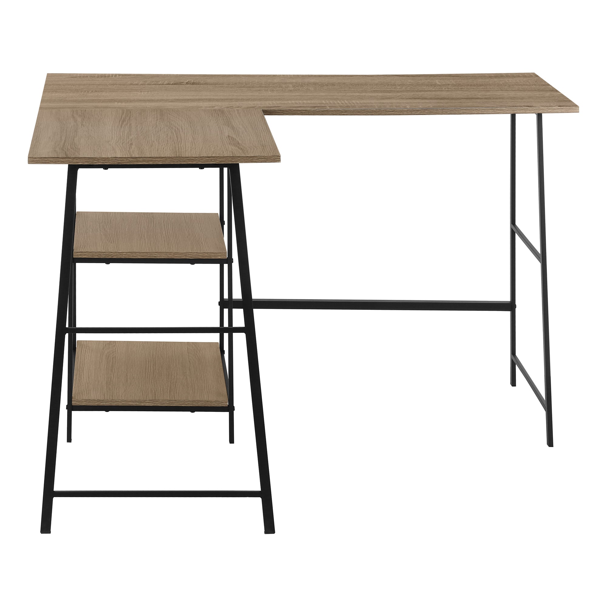 Dark Taupe Industrial-Style L-Shaped Writing Desk with Open Shelves