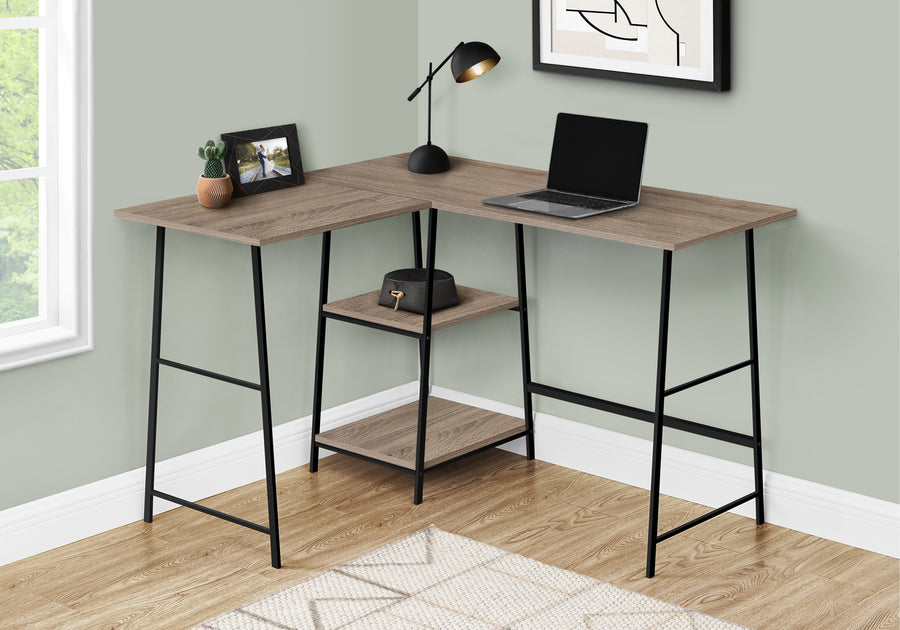 Dark Taupe Industrial-Style L-Shaped Writing Desk with Open Shelves