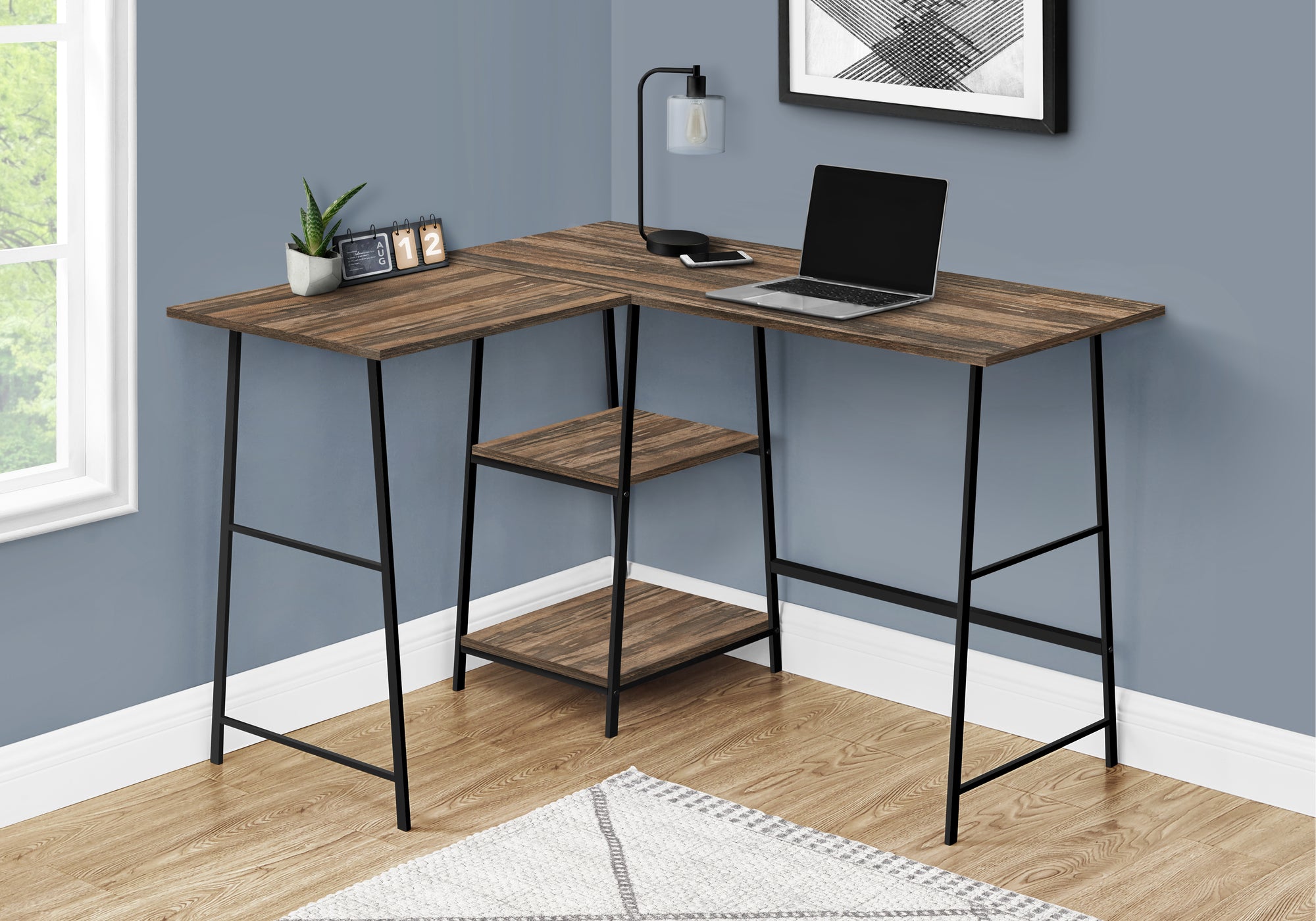 47" Brown Industrial-Style L-Shaped Writing Desk with Open Shelves