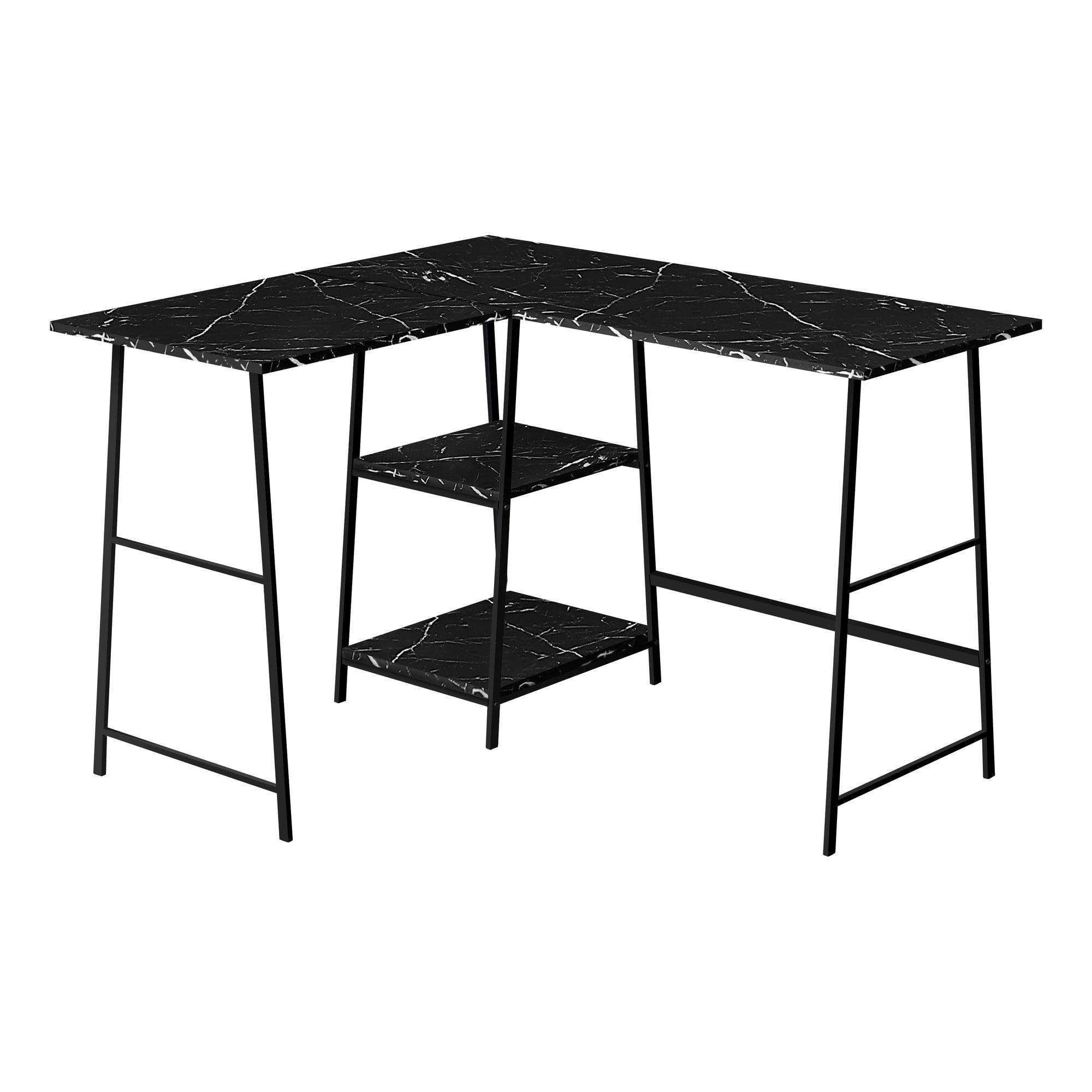 47" Black Marble Industrial-Style L-Shaped Writing Desk with Open Shelves