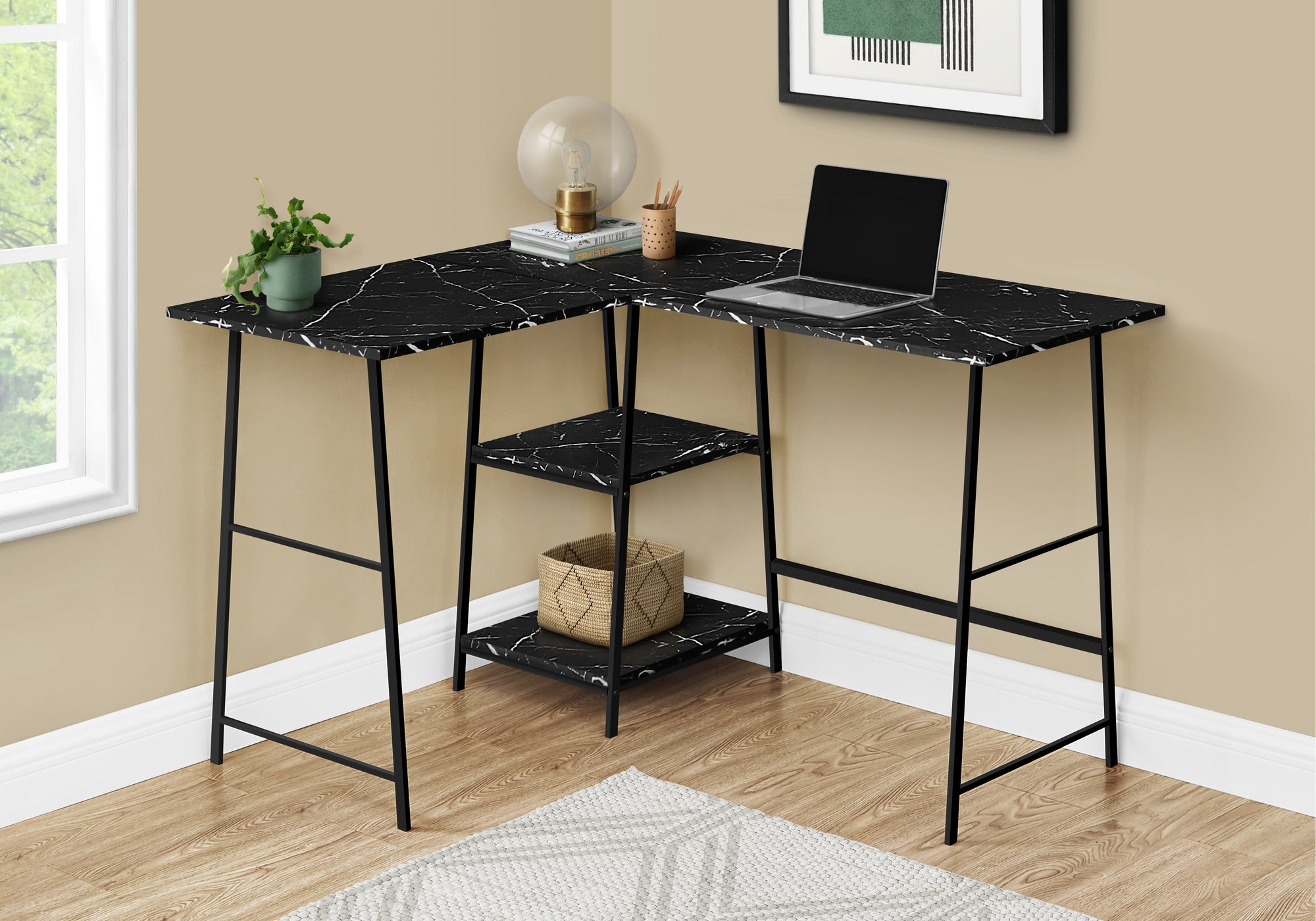 47" Black Marble Industrial-Style L-Shaped Writing Desk with Open Shelves