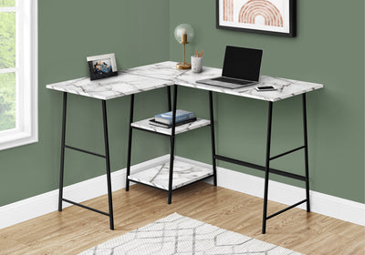 47" White Marble Industrial-Style L-Shaped Writing Desk with Open Shelves