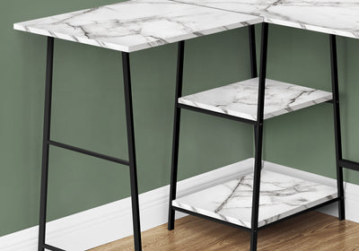 47" White Marble Industrial-Style L-Shaped Writing Desk with Open Shelves