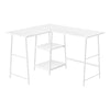 47" White Industrial-Style L-Shaped Writing Desk with Open Shelves