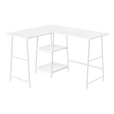47" White Industrial-Style L-Shaped Writing Desk with Open Shelves