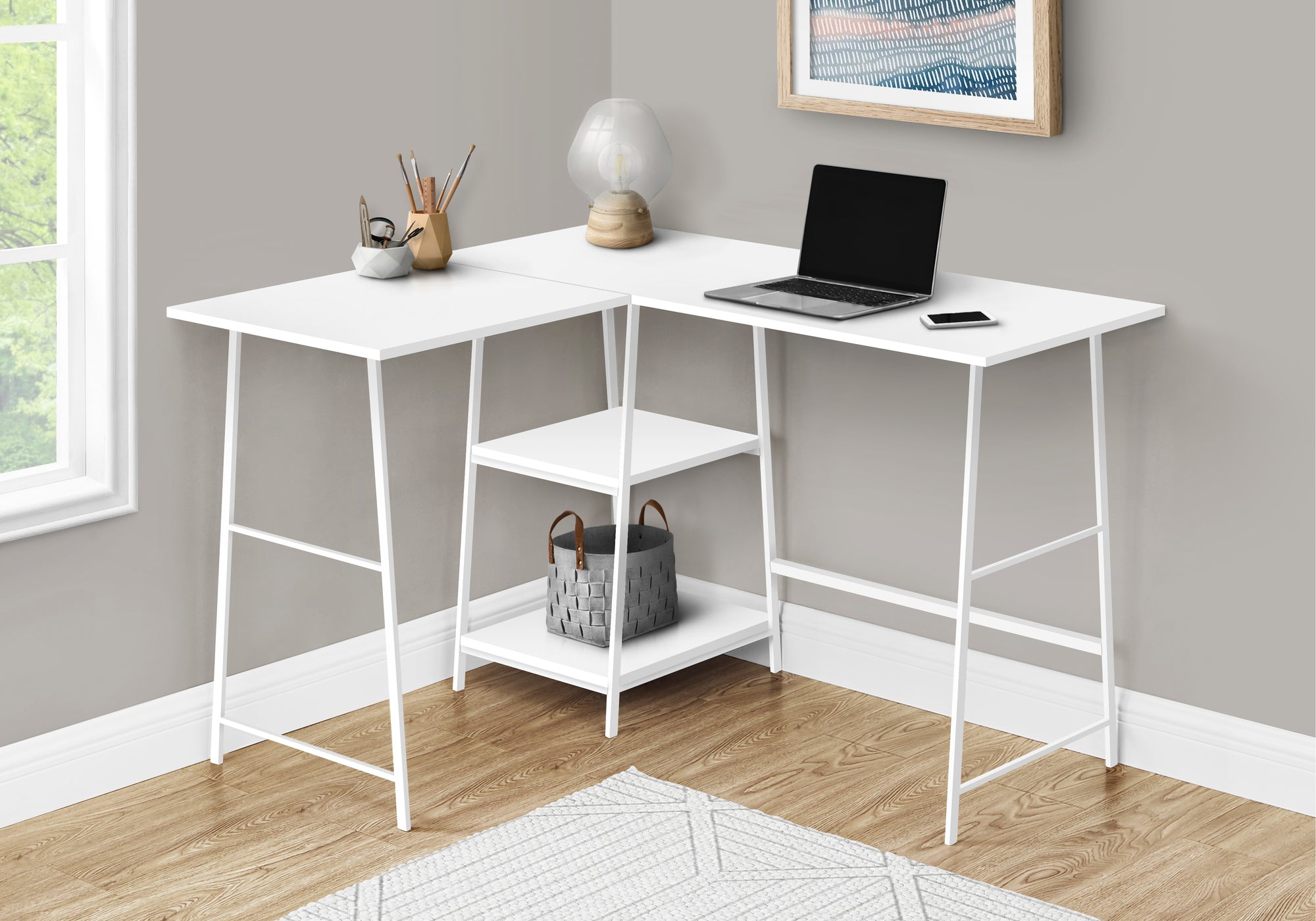 47" White Industrial-Style L-Shaped Writing Desk with Open Shelves