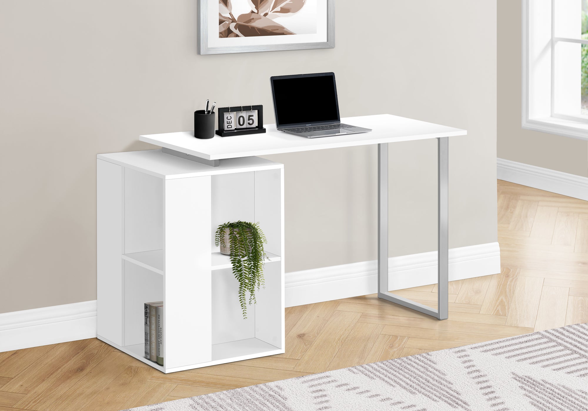White 55" Modern Desk with Storage and U-Shaped Metal Legs