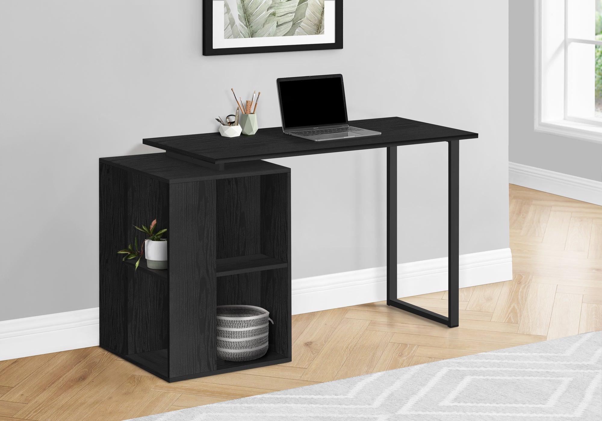 Black 55" Modern Desk with Storage and U-Shaped Metal Legs