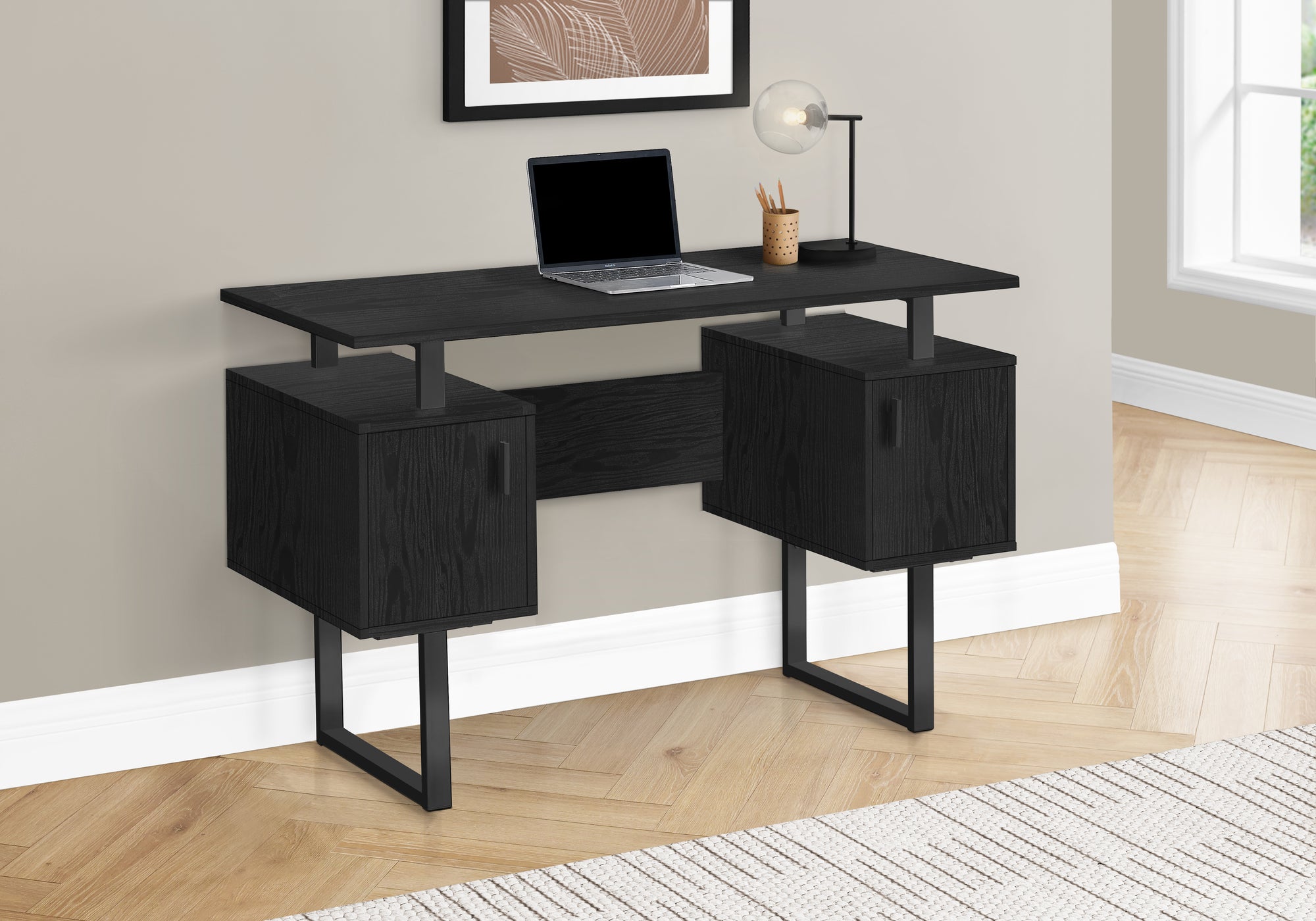 Contemporary 47" Black Computer Desk with Storage Cabinets