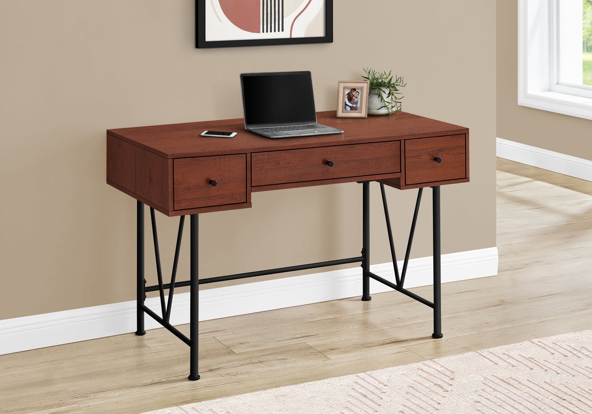 Cherry Wood 47" Industrial-Style Contemporary Computer Desk with Storage