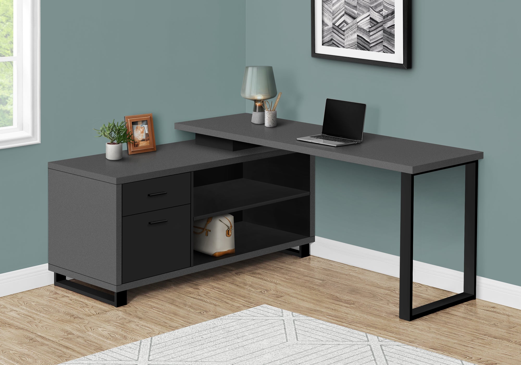72" Slate and Black Executive L-Shaped Desk