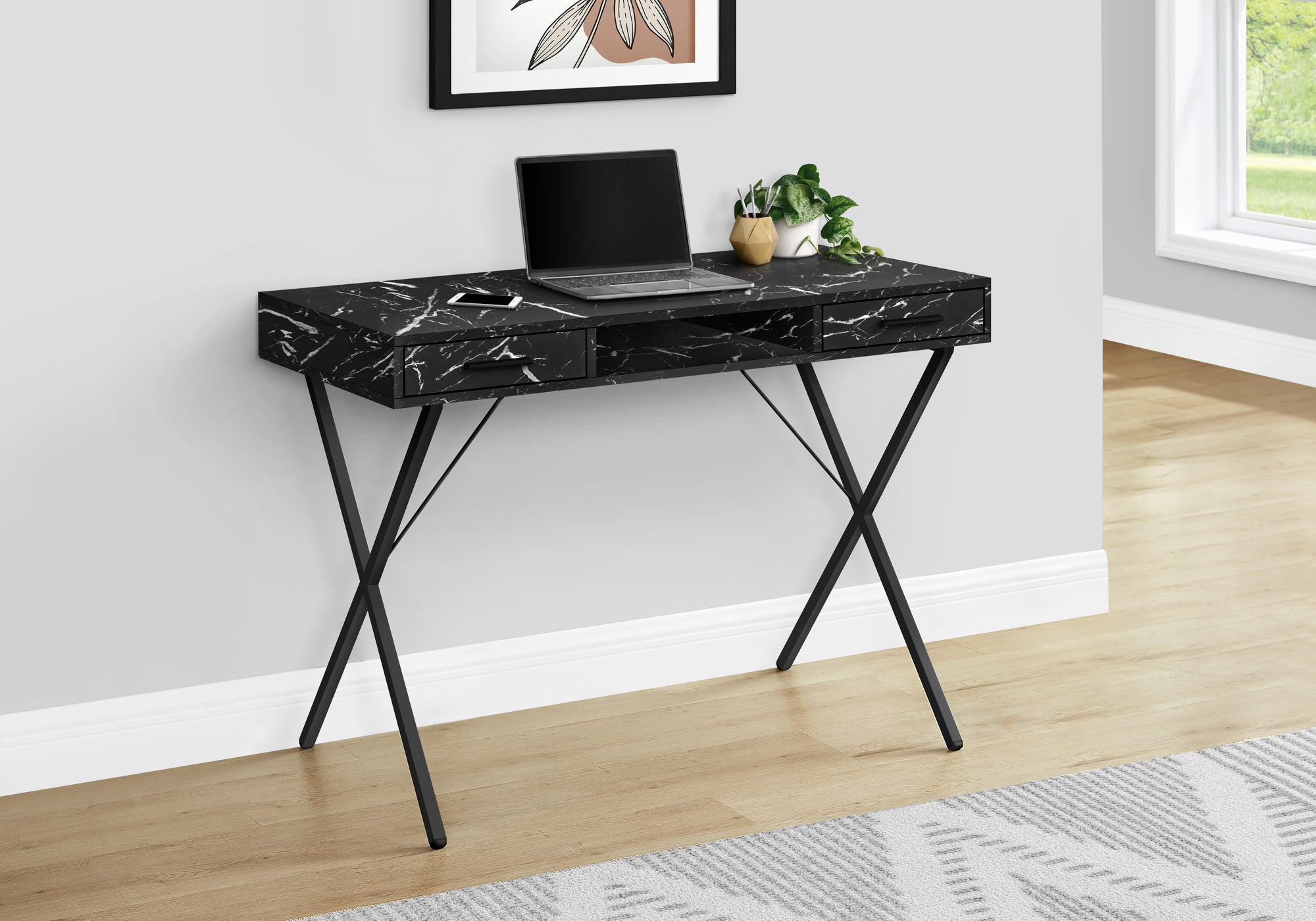 Black Marbled 42" Trestle Workstation with Storage