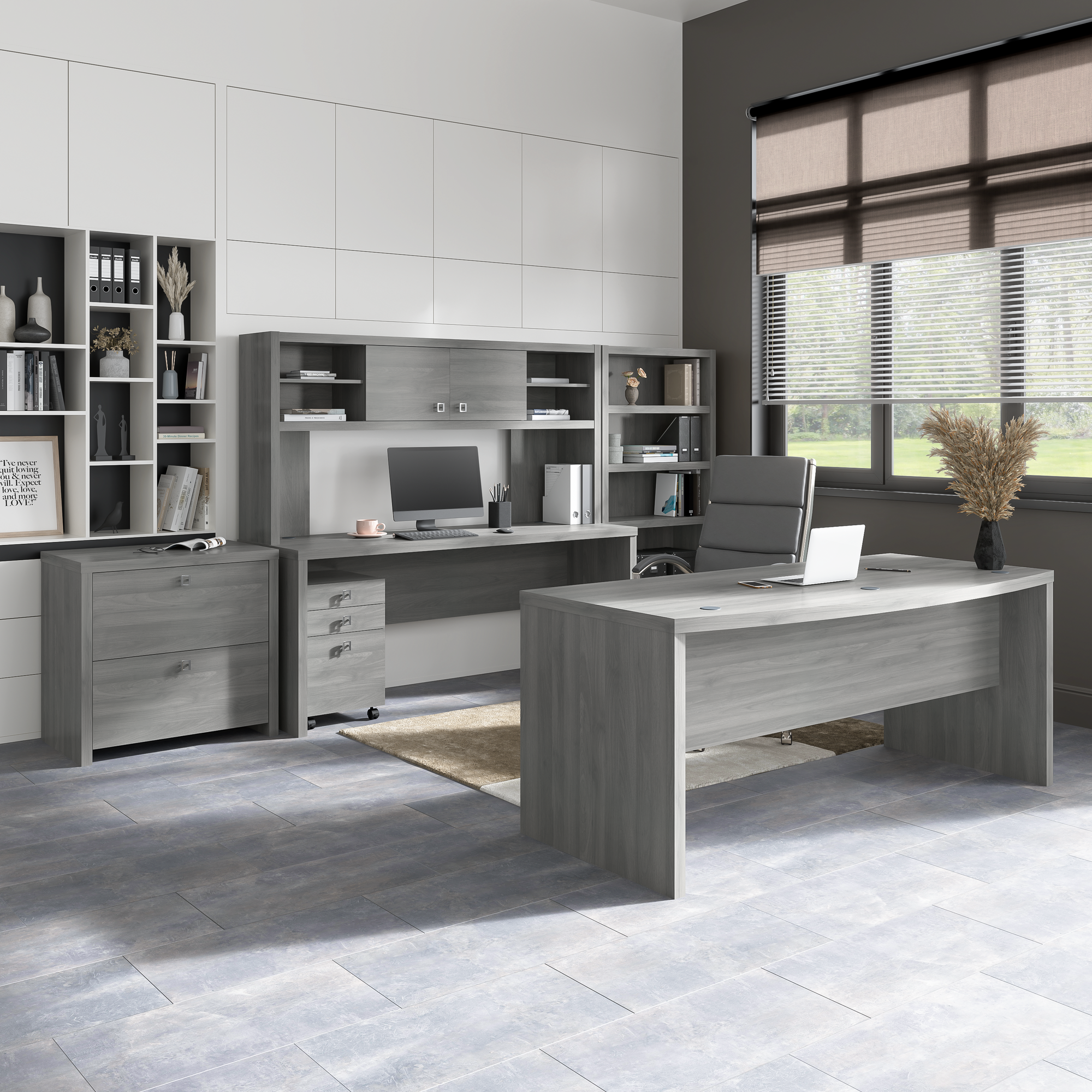 72" Modern L-Shaped Bow-Front Office Desk in Modern Gray