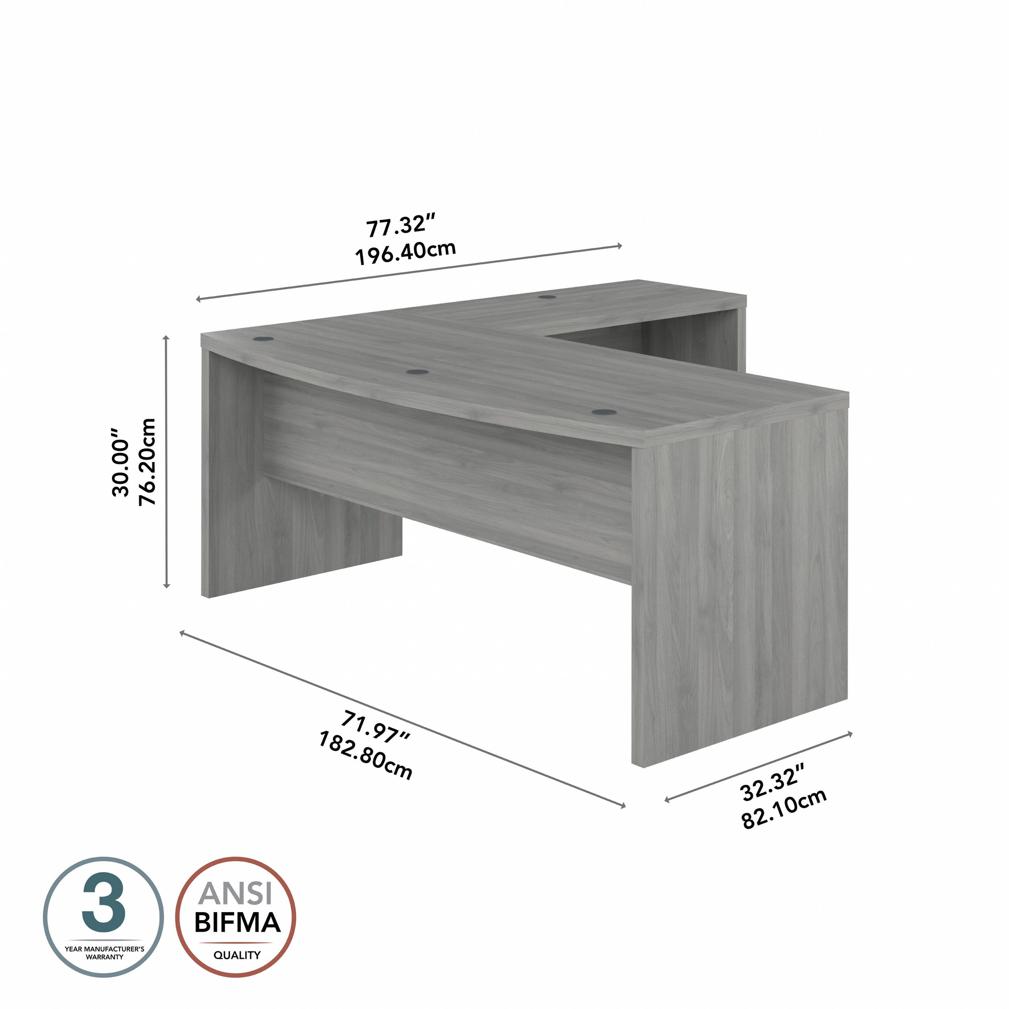 72" Modern L-Shaped Bow-Front Office Desk in Modern Gray