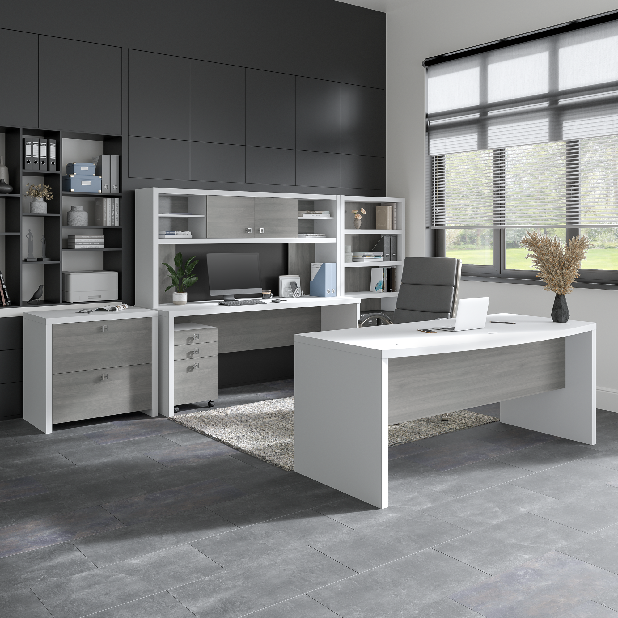 72” Modern L-Shaped Bow-Front Office Desk in Pure White & Modern Gray
