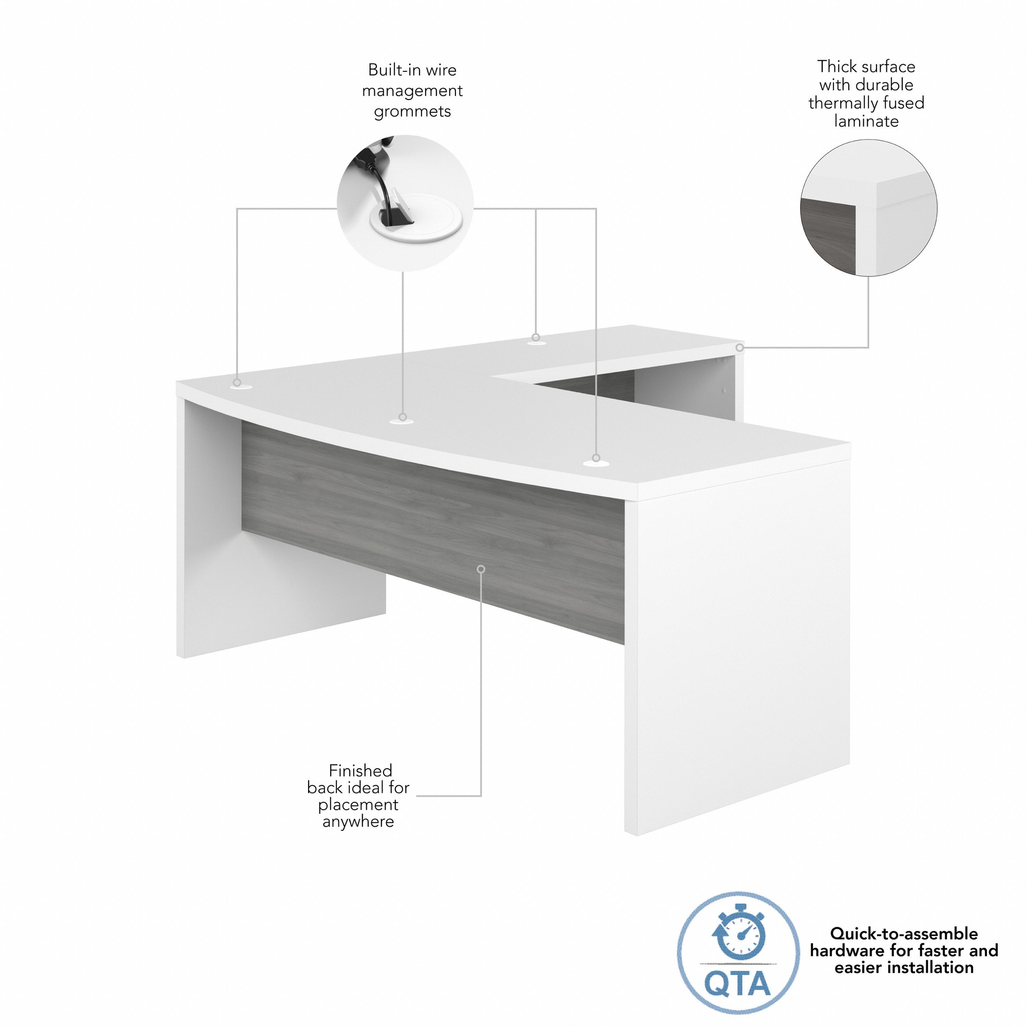 72” Modern L-Shaped Bow-Front Office Desk in Pure White & Modern Gray