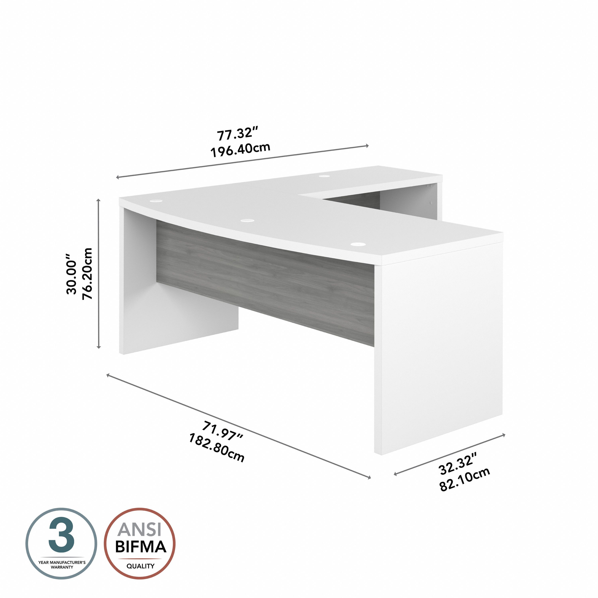 72” Modern L-Shaped Bow-Front Office Desk in Pure White & Modern Gray