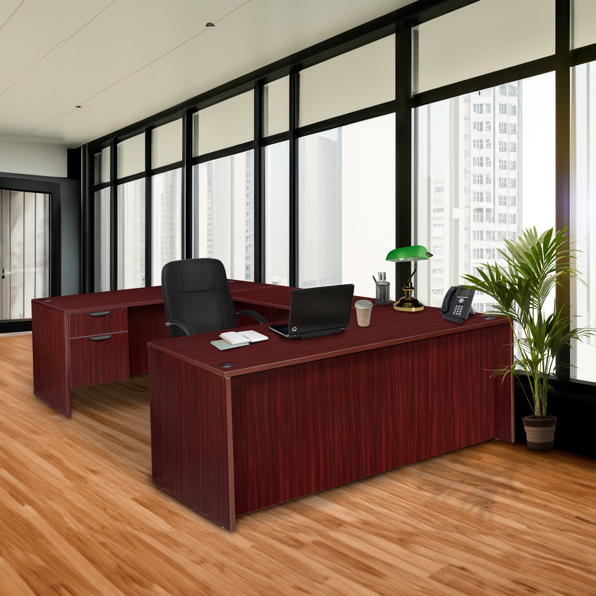 Premium Mahogany U-shaped Desk with Locking Pedestal & Wire Management