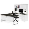 Spacious U-shaped office desk with ample workspace and storage cabinets