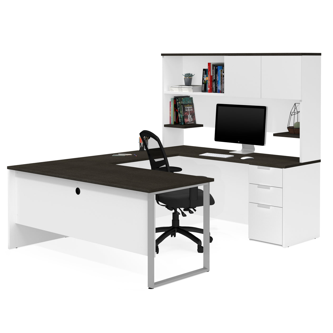 Spacious U-shaped office desk with ample workspace and storage cabinets