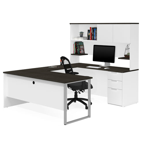 Spacious U-shaped office desk with ample workspace and storage cabinets