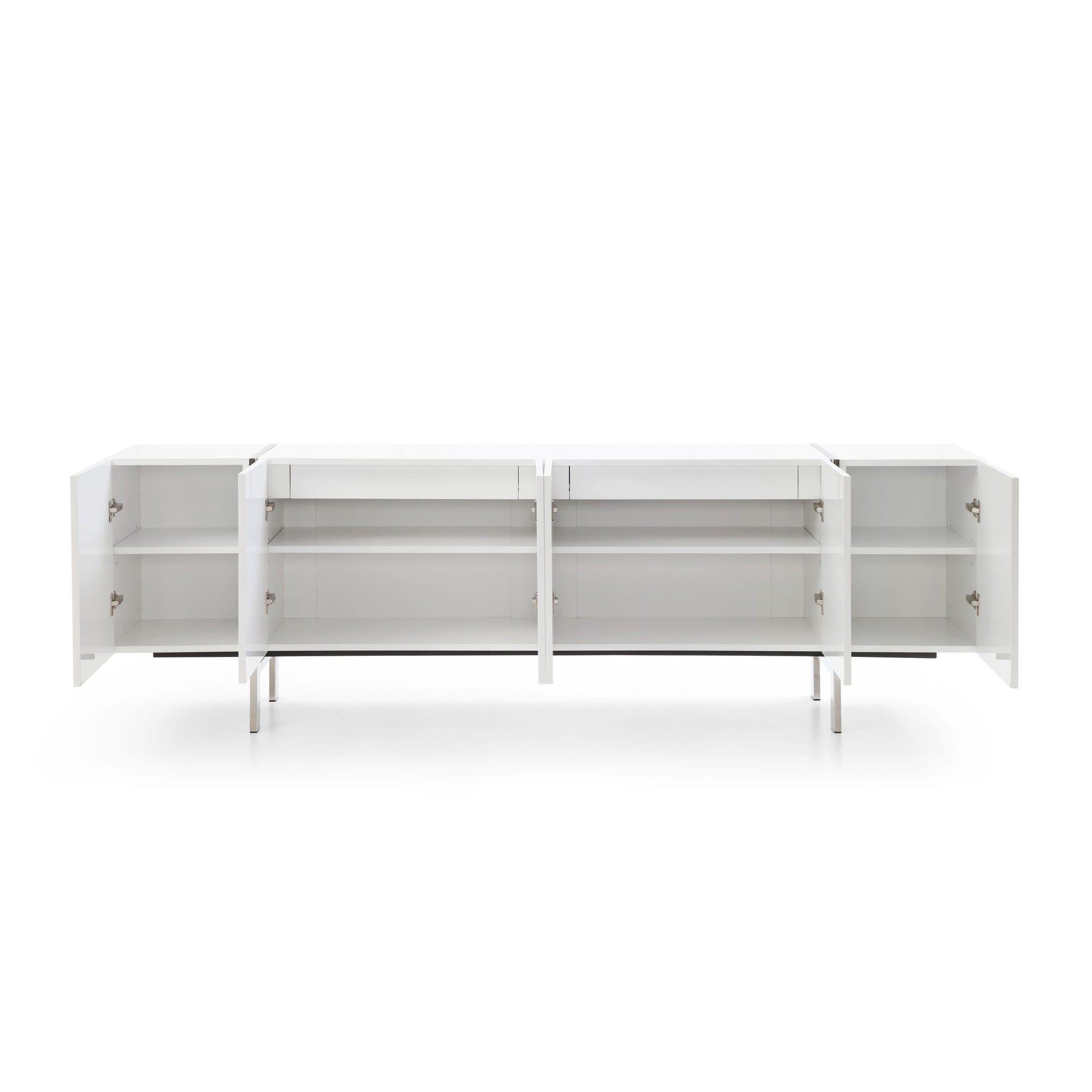 95" High Gloss White Credenza with Polished Stainless Legs