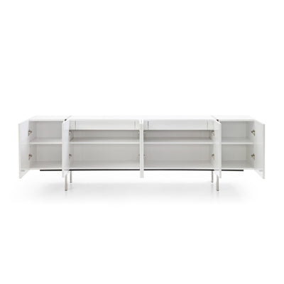 95" High Gloss White Credenza with Polished Stainless Legs