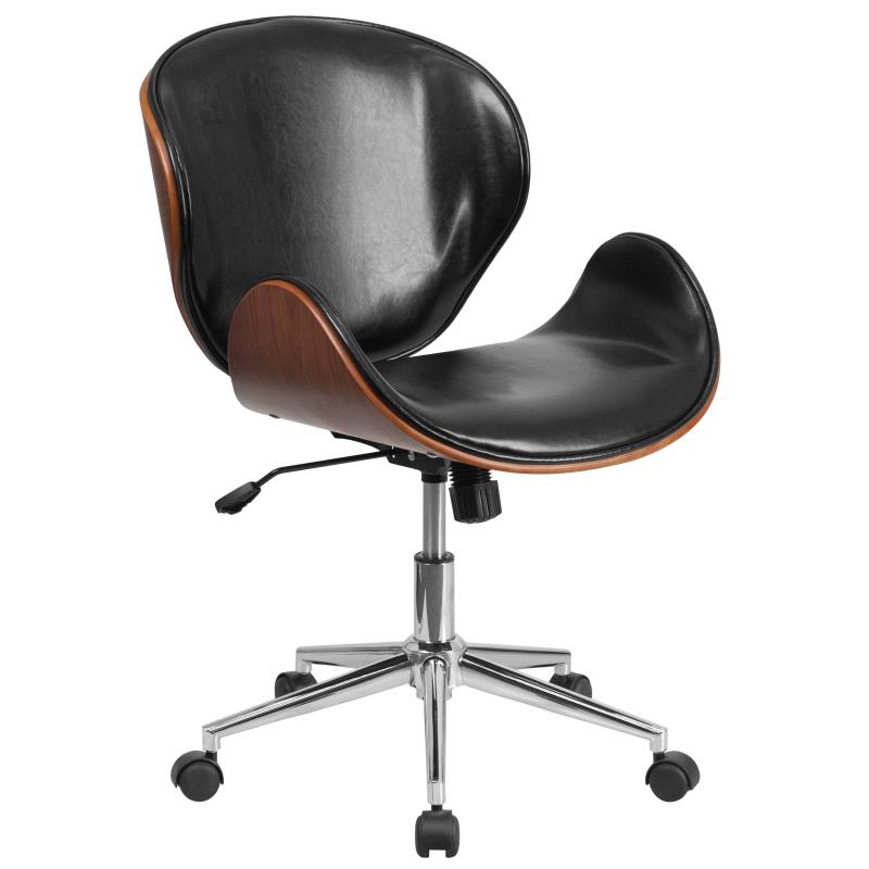 Handsome Mid-Century Walnut and Black LeatherSoft Office Chair